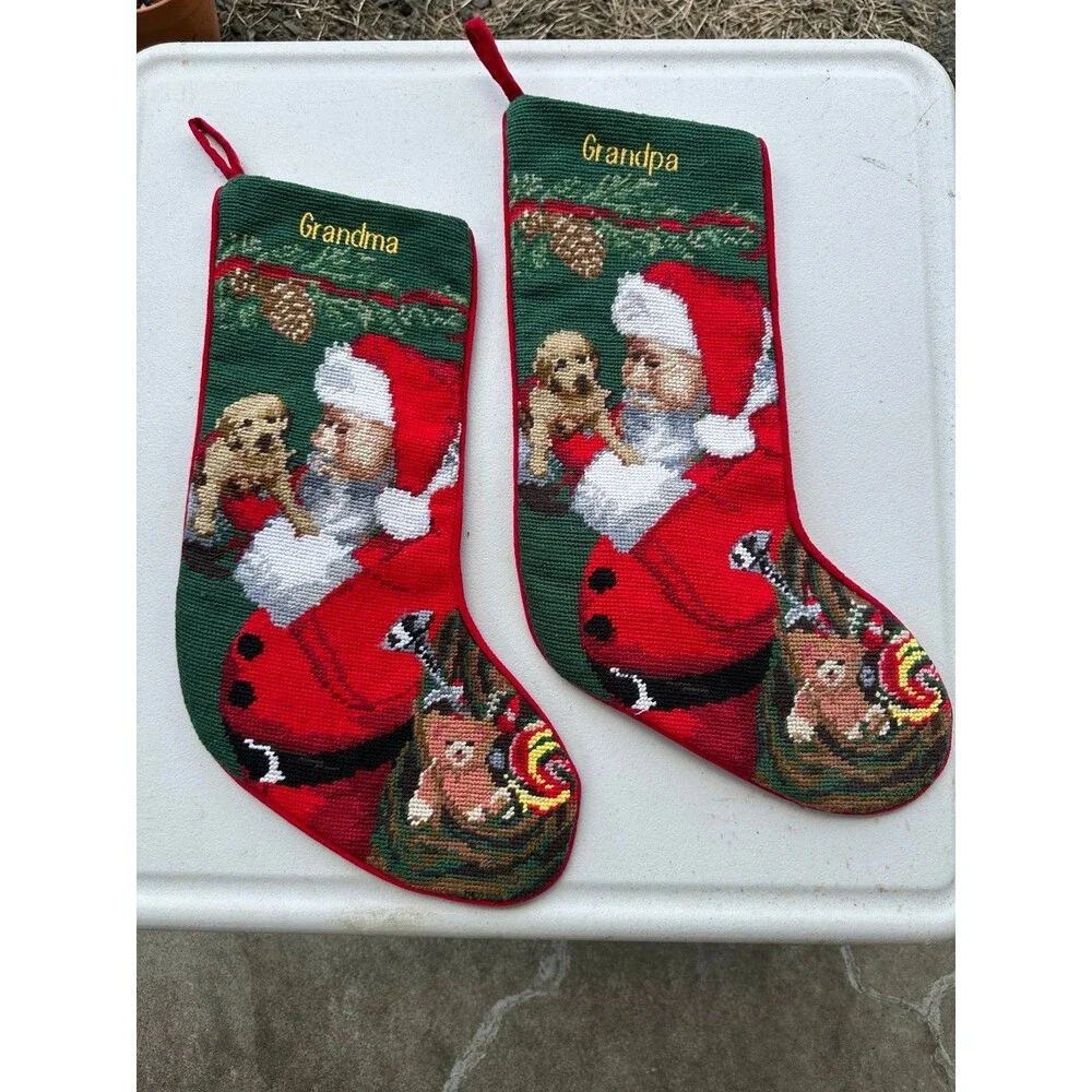 NWOT L.L. Bean Grandma Grandpa Needlepoint Velvet Back Christmas Stockings